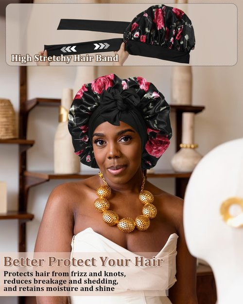Reversible Satin Bonnet for Sleeping Women Silk Bonnet Double Layer Hair Bonnet with 2PCS Hair Scrunchies Elastic Tie Band Night Cap Hair Wrap for Natural Curly Hair (Black Flower + Black)