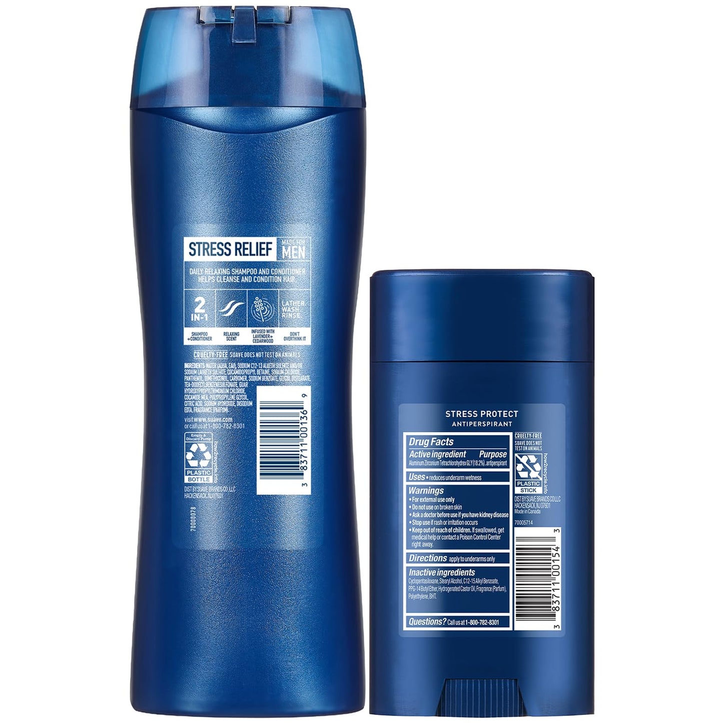 Suave Men’s 2-in-1 Shampoo and Conditioner, Stress Relief + Antiperspirant Deodorant for Men, Stress Protect, Lavender & Cedarwood, 48H Sweat & Odor Protection, 2.7 Oz Ea (2 Piece Set)