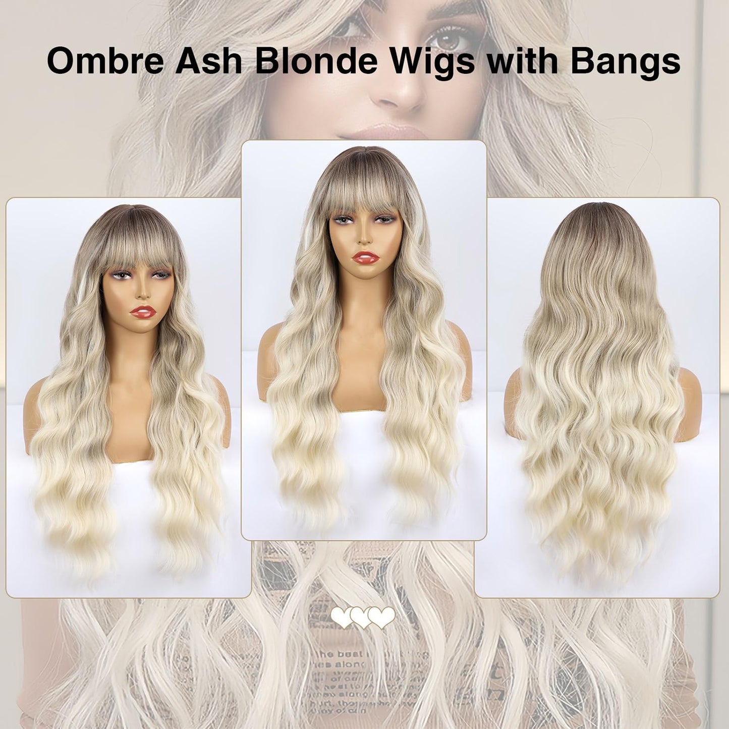 BOGSEA Ombre Ash Blonde Wigs with Bangs Blonde Long Wig for Women Ash Blonde Wavy Wigs Synthetic Heat Resistant Fiber Wigs for Daily Party 26 Inch