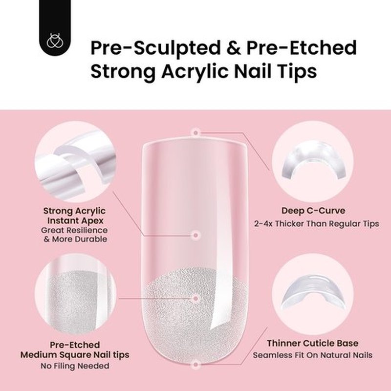 Beetles Tipex Instant Apex Nail Tips, 192Pcs Medium Square Upgraded Pre-building Pre-Etched Half Matte Gel Nail Tips Thicker Acrylic Nail Strong Full Cover False Nail Extension Building for Flat Nails