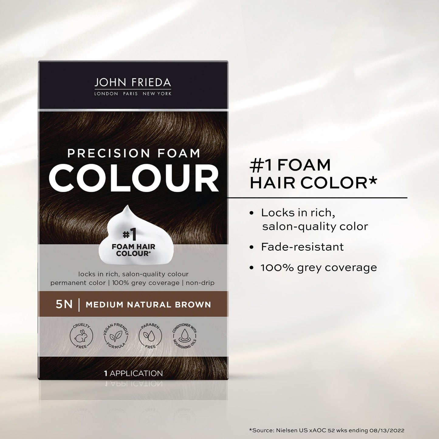 John Frieda Precision Foam Colour, Medium Natural Brown 5N, Full-coverage Hair Color Kit, Anti-Fade Gray Coverage, Deep Color Saturation Hair Dye, Pack of 2