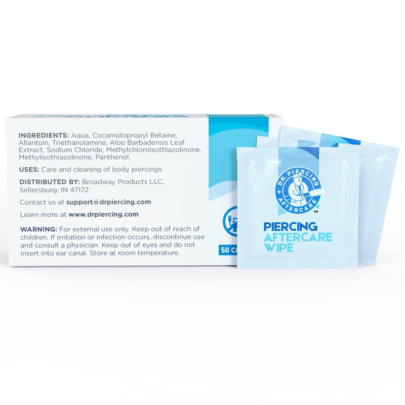 Dr. Piercing Aftercare Wipes ā Piercing Aftercare | Saline Solution for Piercings - Keloid Bump Ear Piercing Cleaner ā Ears Lips Belly Nose Piercing Bump - Piercing Hole Cleaner (50 Count)