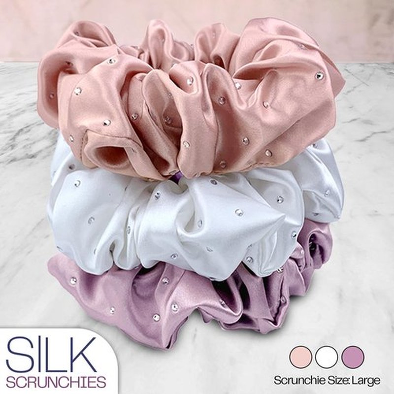 Celestial Silk Mulberry Silk Scrunchies for Hair (Lavender, White, Pink with Rhinestones)