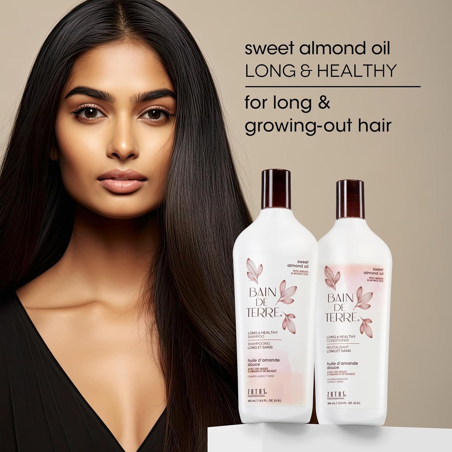Bain de Terre Sweet Almond Oil Long & Healthy Shampoo, Strength & Protection for Weak, Damaged Hair, with Argan & Monoi Oils, Paraben-Free, Color-Safe, Vegan