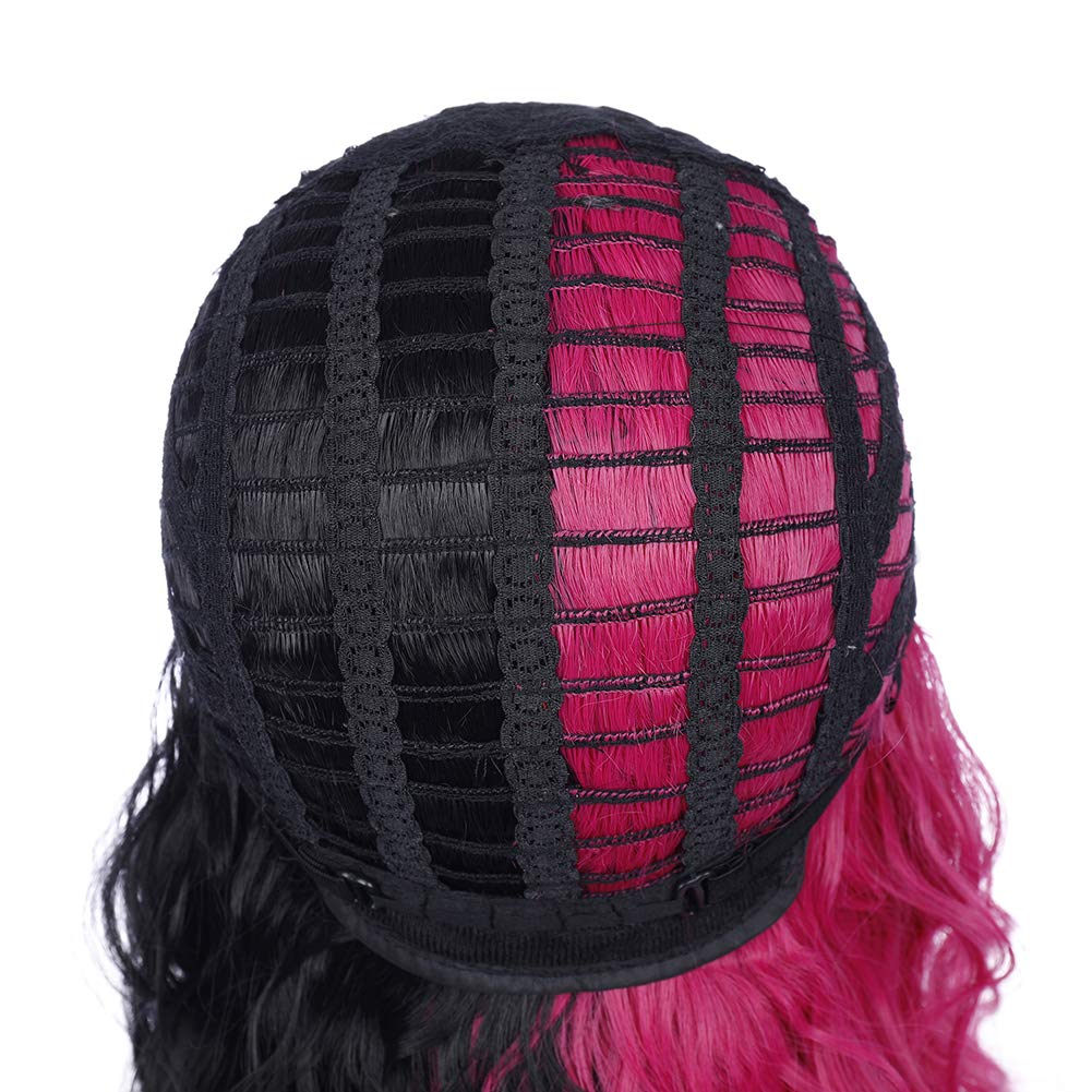PATTNIUM Black Pink Wig Two Color Wig Short Curly Black Pink Wig With Bangs Half Black Pink Split Wig for Women Heat Resistant Synthetic Hair Cosplay Party Wig (Black and Hot Pink)