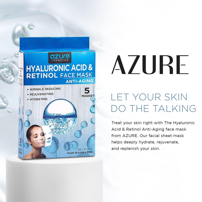 Azure Cosmetics Hyaluronic Acid & Retinol Face Mask - Dermatologist Tested - Rejuvenating & Hydrating Sheet Mask - Reduce Fine Lines & Wrinkles, Smooths & Repairs - Korean Skin Care - Pack of 5