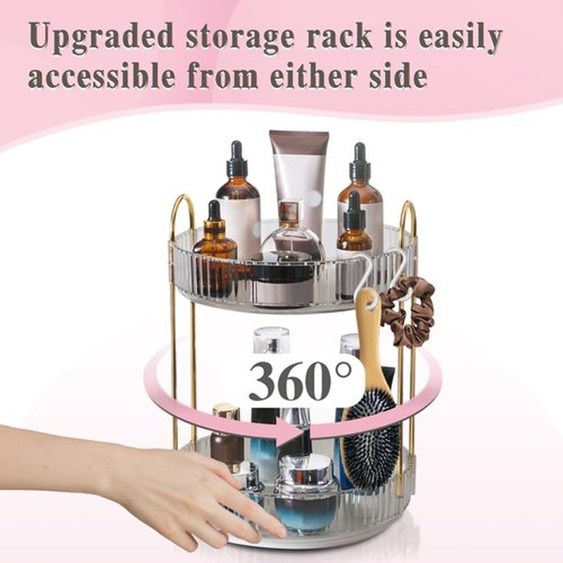 Megapuxin Rotating Makeup Organizer for Vanity,Large Perfume Organizers Skincare Make Up Storage Cosmetic Dresser Organizer Countertop Organizer with Hooks DIY Stickers for Bathroom