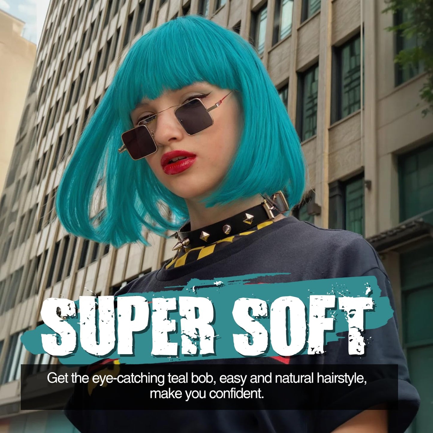 Fancy Hair Teal Bob Wig with Bangs Short Straight Turquoise Bob Wig Synthetic Vibrant Teal Blue Cosplay Bob Wig for Women 12 Inches