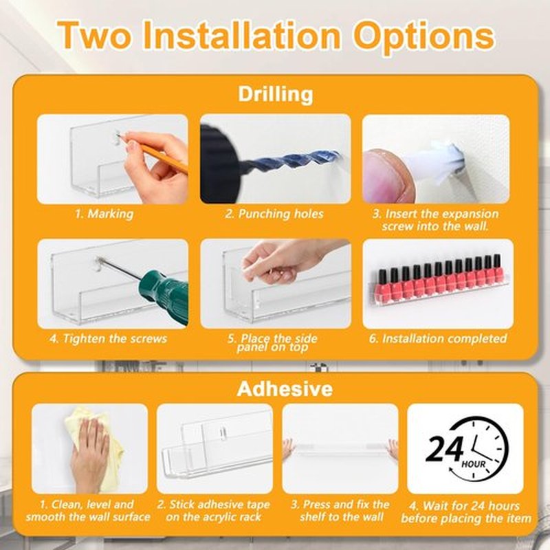 PMMASTO Adhesive Nail Polish Organizer Holder 15 Inch Clear Acrylic Wall Rack Shelf for 40-60 Bottles Nail Polish Display Rack For Nail Room Decor Organizer (4 Pack)