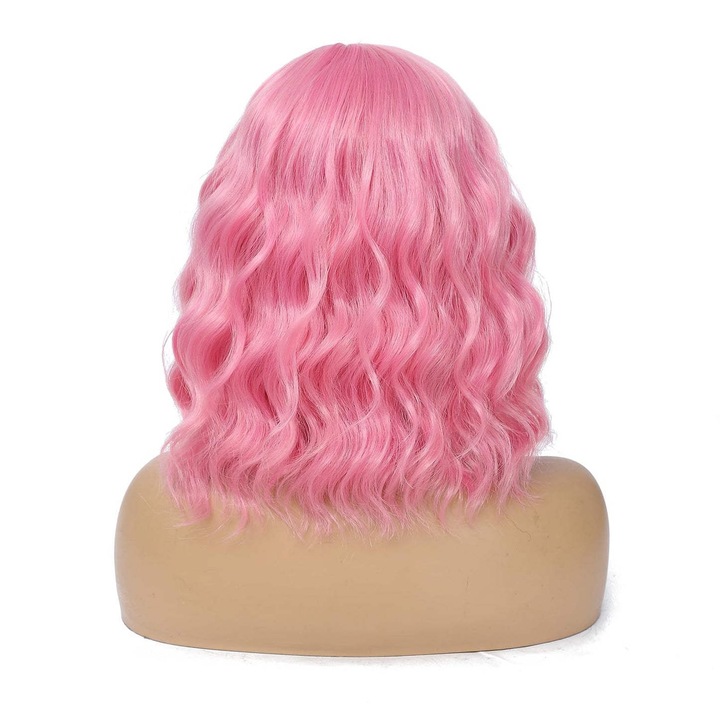 Amarlis Pink Curly Bob Wig with Bangs for Women, Natural Wavy Heat Resistant Synthetic Wig for Cosplay Daily Party Use