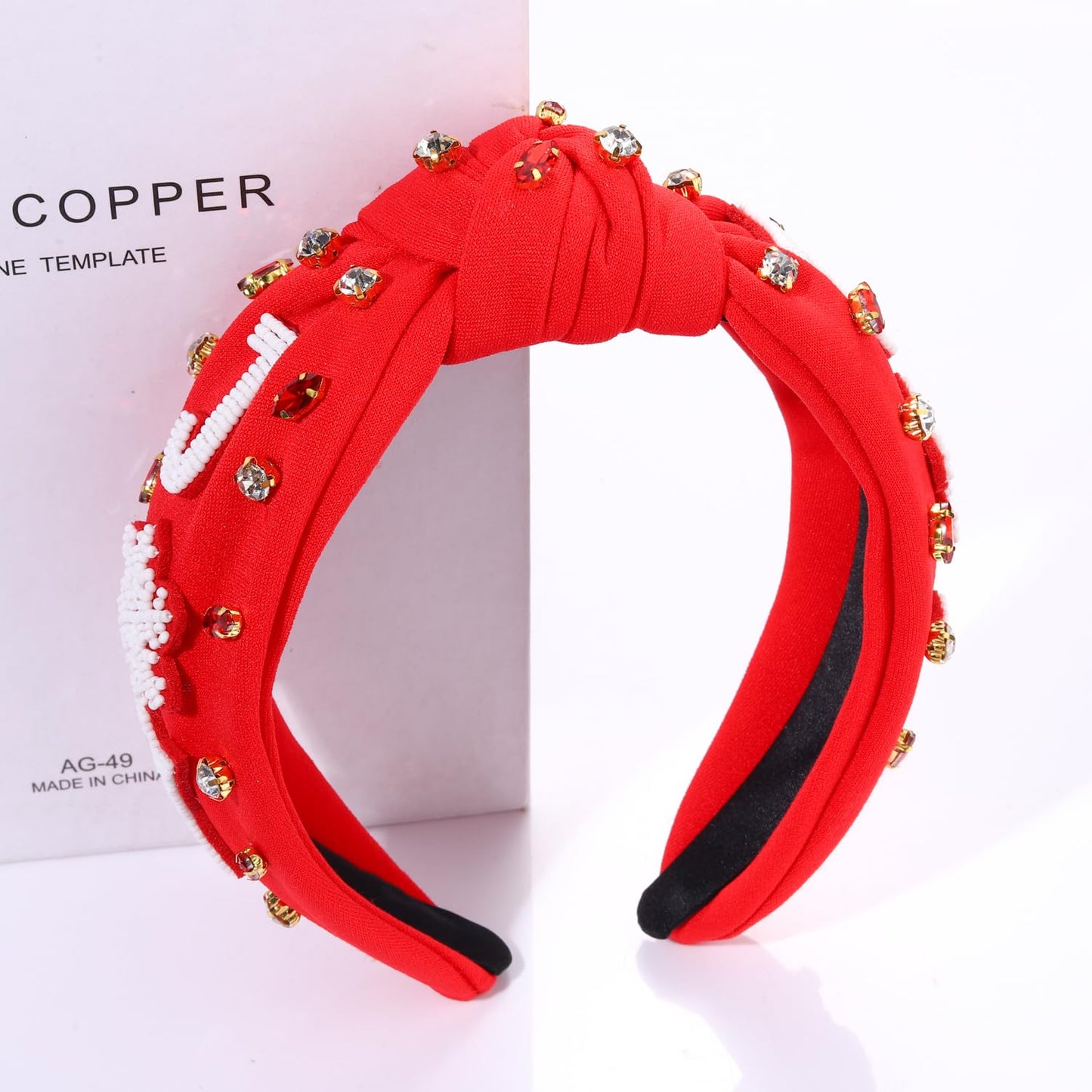 NVENF Joy Red Christmas Hairband for Women - Wide Top Knot Holiday Headband with Crystal Pearl Embellishments - Festive Hair Accessory for Holiday Outfits, Gifts, and Parties