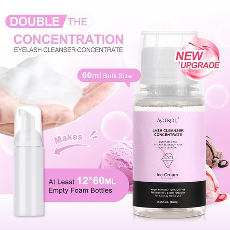 ACTROL Eyelash Cleanser Concentrate 60ml Ice Cream Professional Lash Shampoo Foaming Cleanser DIY Paraben & Sulfate Free Non-lrritating Wash for Extensions Lashes with Salon Home Care-Makes 6 Bottles