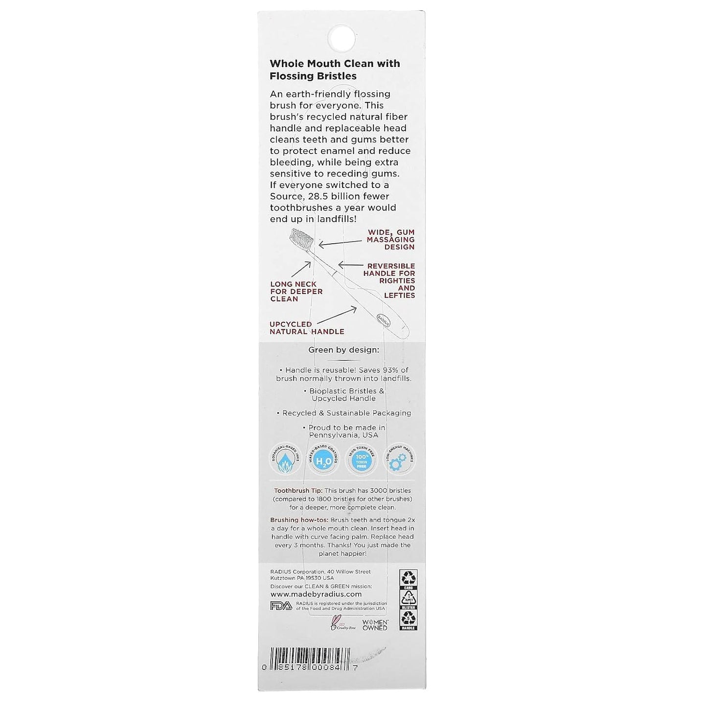 RADIUS Toothbrush Source Floss Brush BPA Free & ADA Accepted Improve Gum Health & Reduce Gum Issues - Super Soft - Cornstarch/Wood/Money - Pack of 3