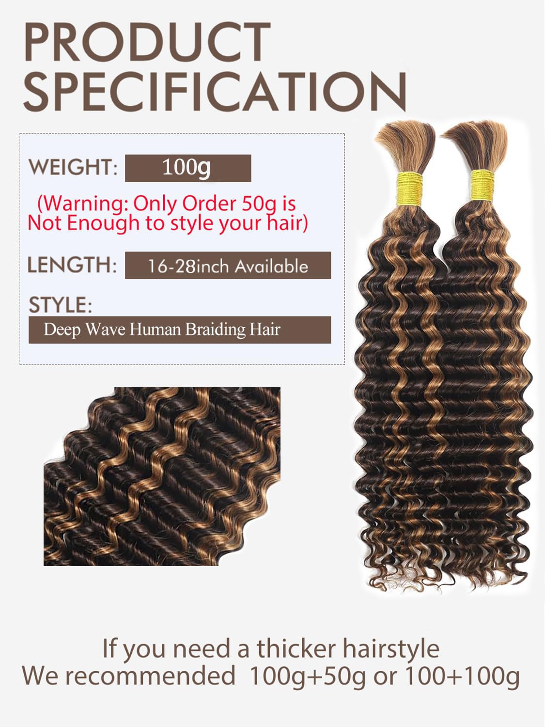 Braiding Hair 100g Honey Blonde Braiding Hair Deep Wave 2 Bundle Bulk Human Hair for Braiding Highlight Curly Hair Extensions for Boho Braids Wet and Wavy (Deep Bulk (4/27), 16 Inch/100g)