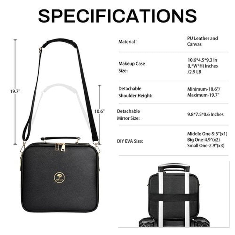 TOPACK Travel Makeup Bag with Led Mirror and Portable Makeup Train Case Led Bags with Mirror Organizer Bag Travel Gifts for Her Women Bestie Black