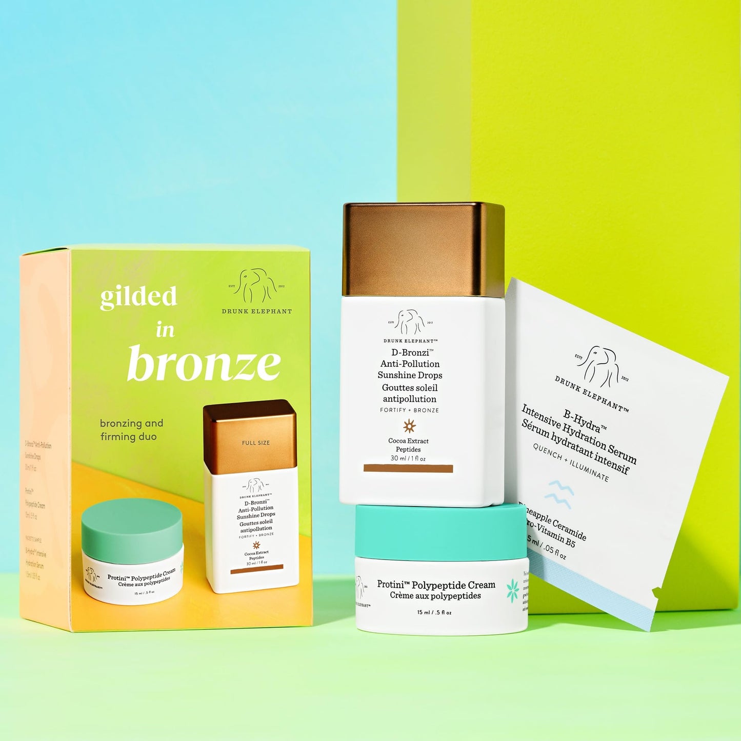 Drunk Elephant Gilded in Bronze Kit - Includes D-Bronzi Anti-Pollution Sunshine Drops (30 ml/1 fl oz) & Protini Polypeptide Cream (15 ml/0.5 fl oz) - Amazon Exclusive Holiday Gift Set