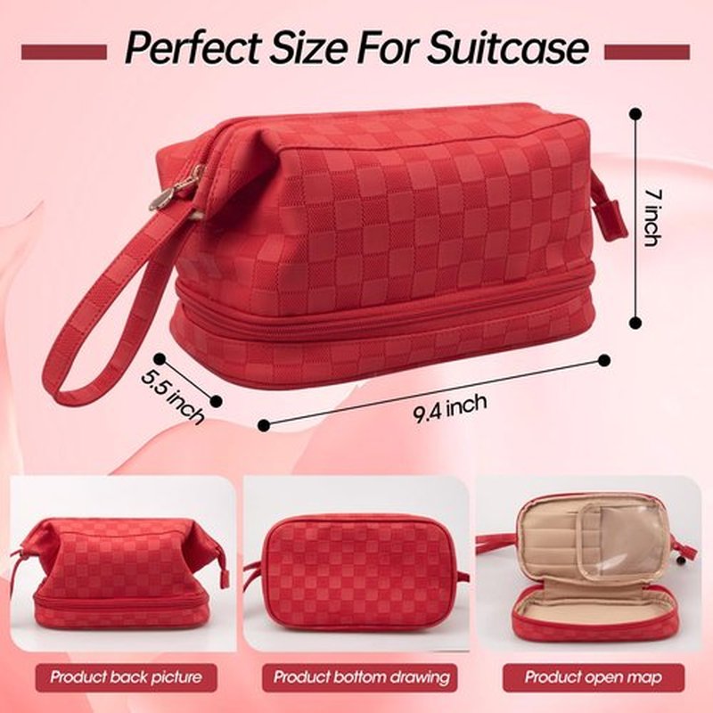 Abiudeng Large Makeup Bag,Waterproof Cosmetic Bag,Make up Travel Bag Essentials,Cute Travel Toiletry Bag for Women Makeup Bag Organizer with Bottom Pouch,Red Travel Size Toiletries Bag for Women