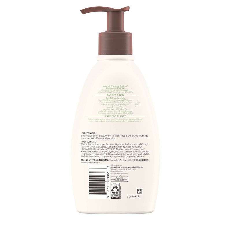 Aveeno Positively Radiant Brightening Facial Cleanser with Moisture Rich Soy Extract, Helps Even Skin Tone & Texture While Gently Lifting Away Dirt, Oil & Makeup, Sulfate-Free, 11 fl. oz (Pack of 2)
