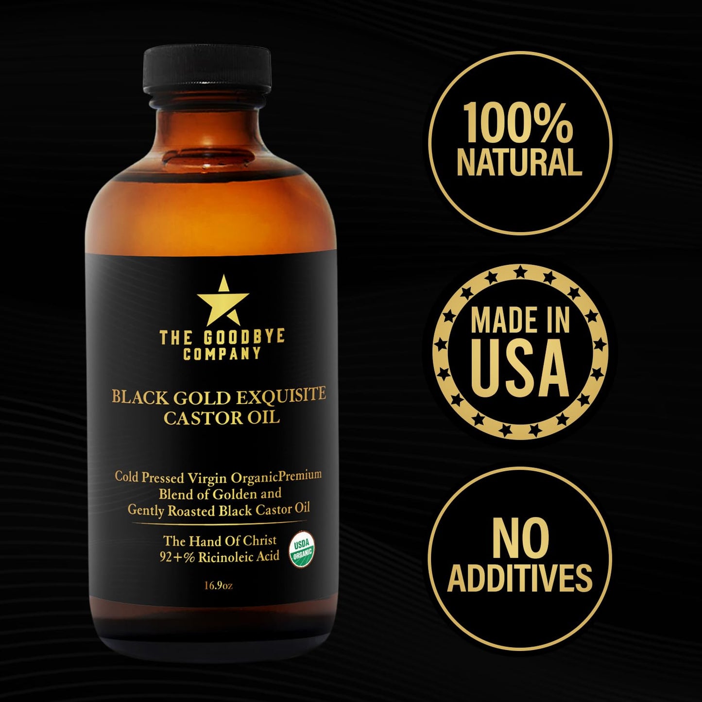 The Goodbye Company Jamaican Black & Gold Castor Oil Blend – USDA Organic, Cold-Pressed & Unrefined – Pure Hexane-Free Oil for Hair, Skin, Body, Eyelashes & Eyebrows