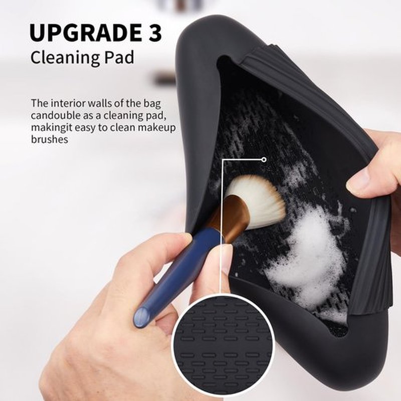 AGIKET Silicone Makeup Brush Holder Travel Cosmetic Bag:Soft Portable Cosmetic Face Brushes Holder with Upgrade Anti-Fall Out Magnetic Closure, Large Travel Makeup Brush Case - Black