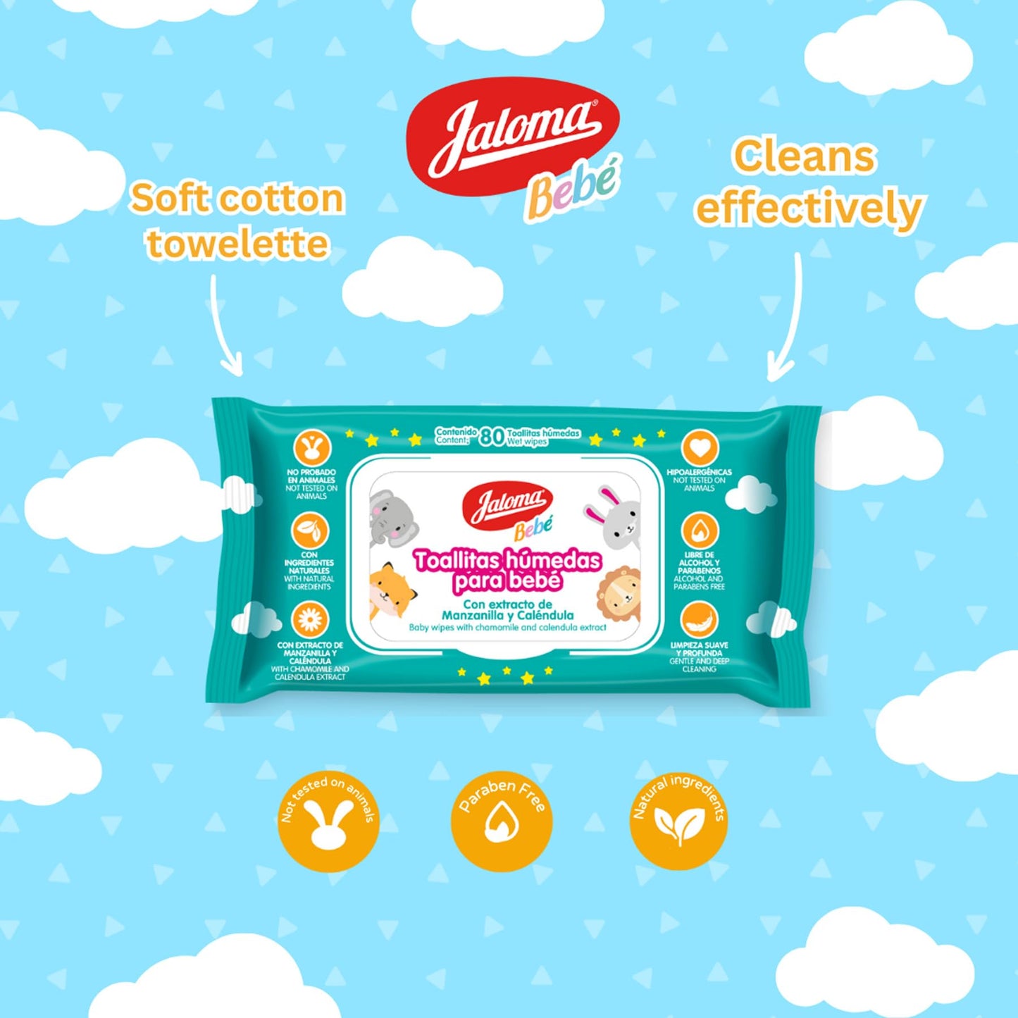 JALOMA Baby Wipes with Chamomile and Calendula Extract, Hypoallergenic and Paraben Free, Pack of 3, 80 Wet Wipes Each (240 Count)