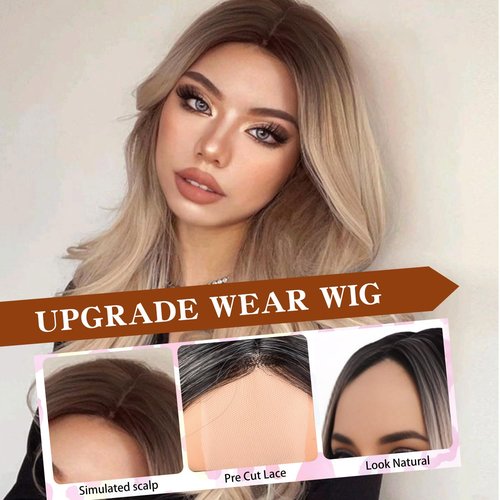 TOZIKA Long Ombre Blonde Wavy Wig for Women 26 Inch Curly Wavy Wig Middle Part Synthetic Wavy Wig Natural Looking Heat Resistant Fiber Wig for Daily Party Use