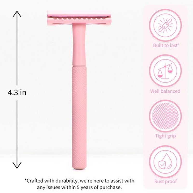 Bambaw Double Edge Safety Razor for Women with 5 Safety Razor Blades, Single Blade Razor for Women, Plastic Free Eco Razor, Reusable Razors for Women - Pink