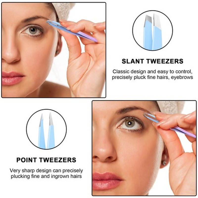 2 Pack Tweezers Set - Professional Stainless Steel Tweezers for Men and Women, Precision Eyebrow Tweezers for Facial Hair, Chin, and Ingrown Hair Removal (Blue&Purple)