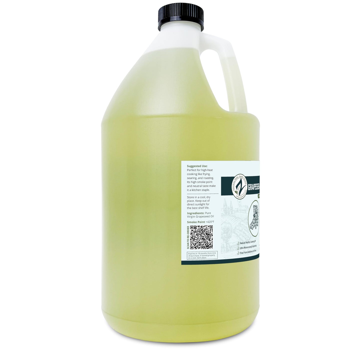Zatural Grapeseed Oil Naturally Grown 100% Pure Cold Pressed Virgin High Tempurature Cooking Oil 128oz (1 Gallon)
