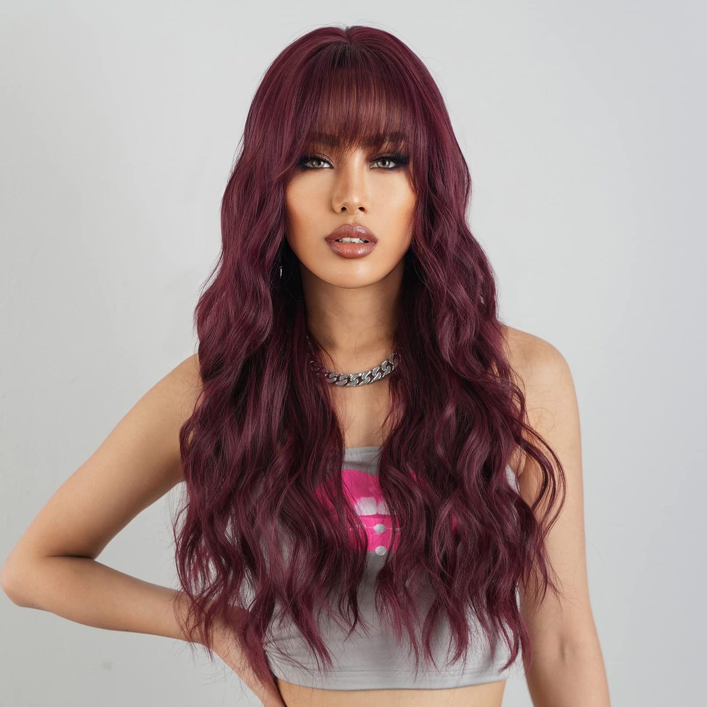ISHINE Burgundy Red Wigs for Women Wig with Bangs, Long Wavy Wigs Natural Looking Synthetic Hair Replacement Wigs for Daily Cosplay Party Halloween Costume 24 inch