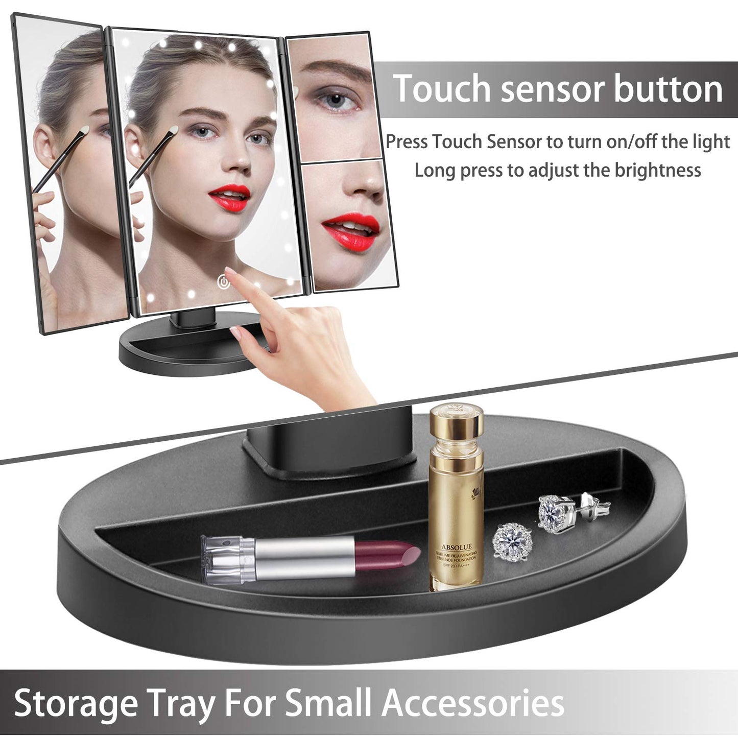 deweisn Tabletop Mount Trifold Lighted Vanity Mirror with 21 LED Lights, Touch Screen and 3X/2X/1X Magnification, Two Power Supply Mode Make up Mirror,Travel Mirror