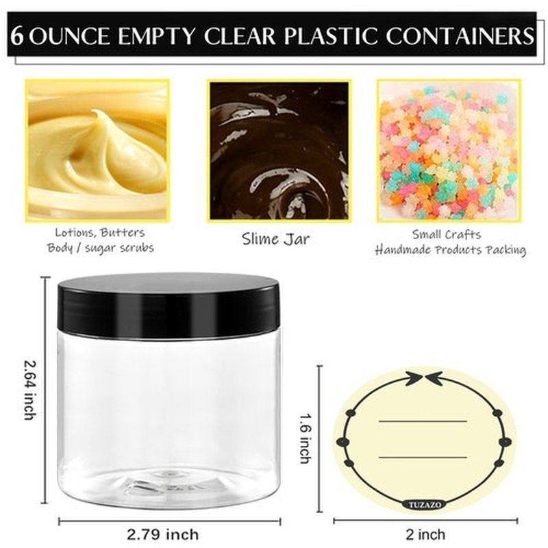 TUZAZO 6 Oz Plastic Container Jars with Lids and Labels BPA Free, Empty Round Clear Cosmetic Containers Plastic Slime Jars for Lotion, Cream, Ointments, Body Butter, Makeup, Travel Storage (12 Pack)
