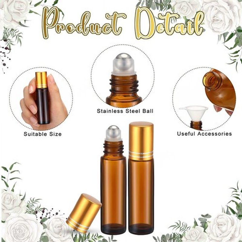Sumind 150 Pcs Essential Oil Roller Bottles 10 ml Glass Roller Bottles with Stainless Steel Roller Balls Empty Bottles Leak Proof Roll on Bottles with 5 Funnel for Travel Essential Oil (Amber, Gold)