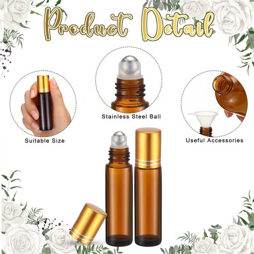 Sumind 150 Pcs Essential Oil Roller Bottles 10 ml Glass Roller Bottles with Stainless Steel Roller Balls Empty Bottles Leak Proof Roll on Bottles with 5 Funnel for Travel Essential Oil (Amber, Gold)