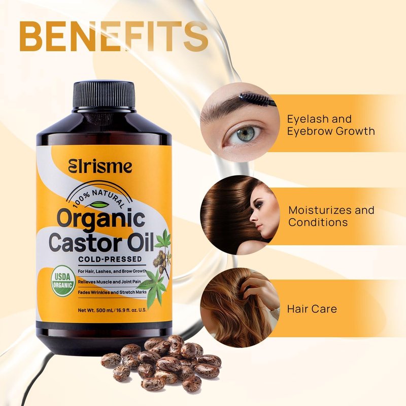 Cold Pressed Organic Castor Oil, Organic Black Castor Oil Hair Growth Serum for Eyelashes and Eyebrows, USDA 100% Pure Organic Castor Oil Non-Glass Bottle, Hexane-Free - 16 Oz