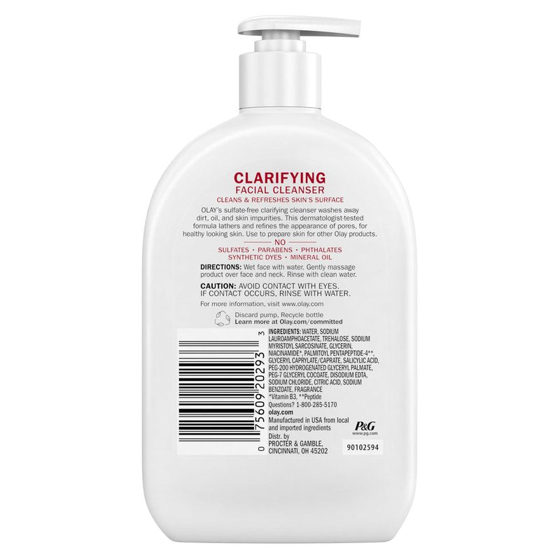 Olay Face Wash,Daily Facial Cleanser with Niacinamide,Peptides & Glycerin - Clarifying,Refreshes Skin Surface,Refines Appearance of Pores - Sulfate-Free,Paraben-Free,Oil-Free,16 Oz,(Pack of 2)
