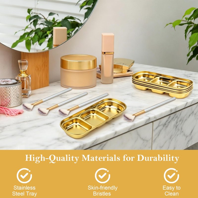 12 Pcs DIY Esthetician Bowls Face Mask Tray Facial Brushes Esthetician Gold Facial Supplies Kit 3 Compartment Stainless Steel Skincare Tray Fan Brushes Esthetician Facial Bowls for Spa Salon Nail