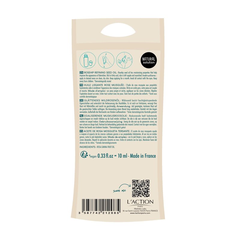 L'Action Paris Rosehip Refining Seed Oil, Nourishing and Moisturising Natural Face Oil to Help Improve Blemishes, Targeted Oil for Blemishes, Leaves Skin Supple and Nourished 10ml