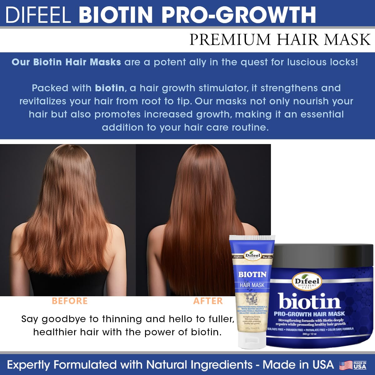 Difeel Biotin Pro-Growth 4-PC Hair Care Gift Set - Shampoo (12oz), Conditioner (12oz), Hair Oil (7oz), and Hair Mask (12oz)