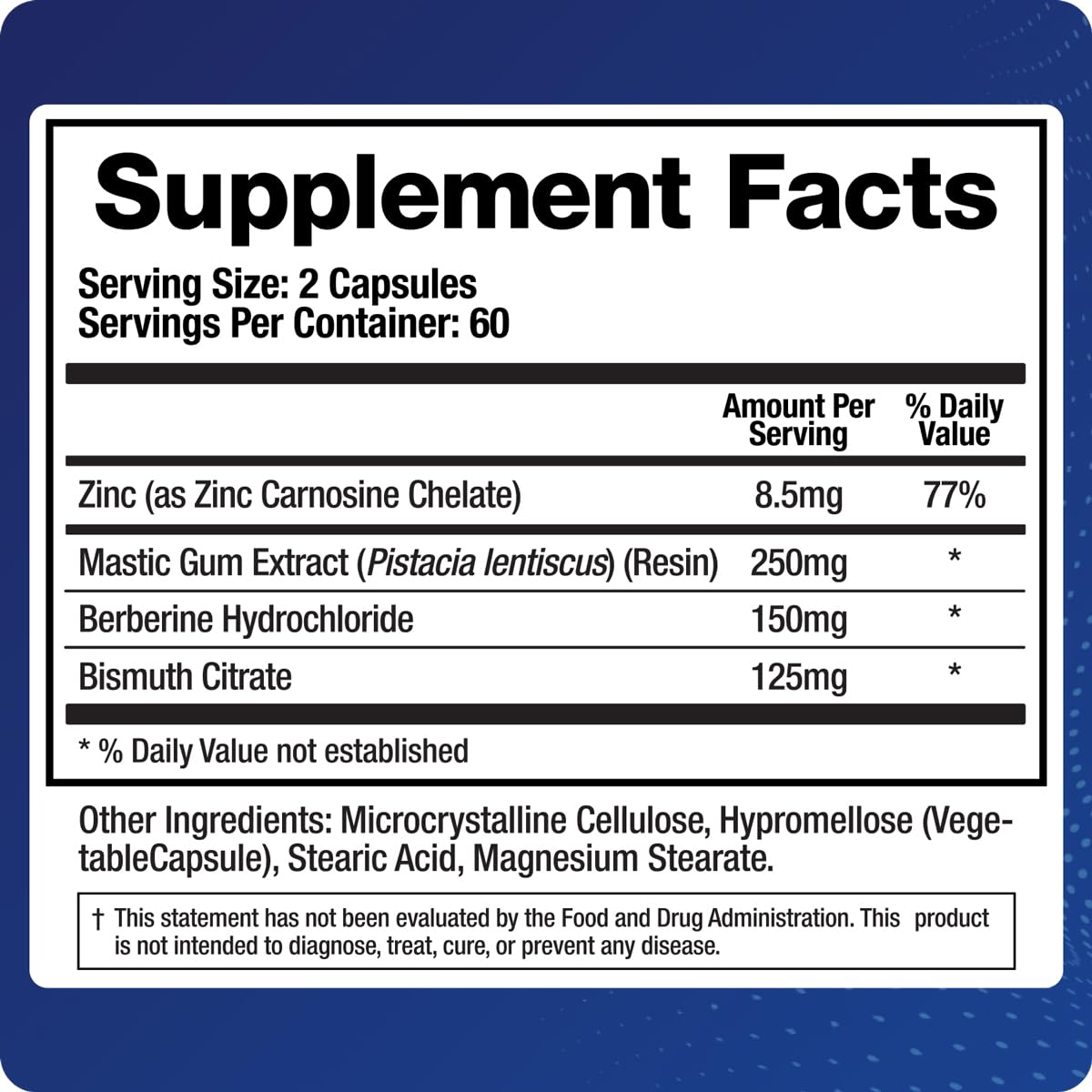 BioMatrix H Pylori Supplement, Mastic Gum, Berberine, Zinc Carnosine & Bismuth Salts, Probiotic Alternative, Gut Formula, 120 Capsules, 30-60 Day Supply