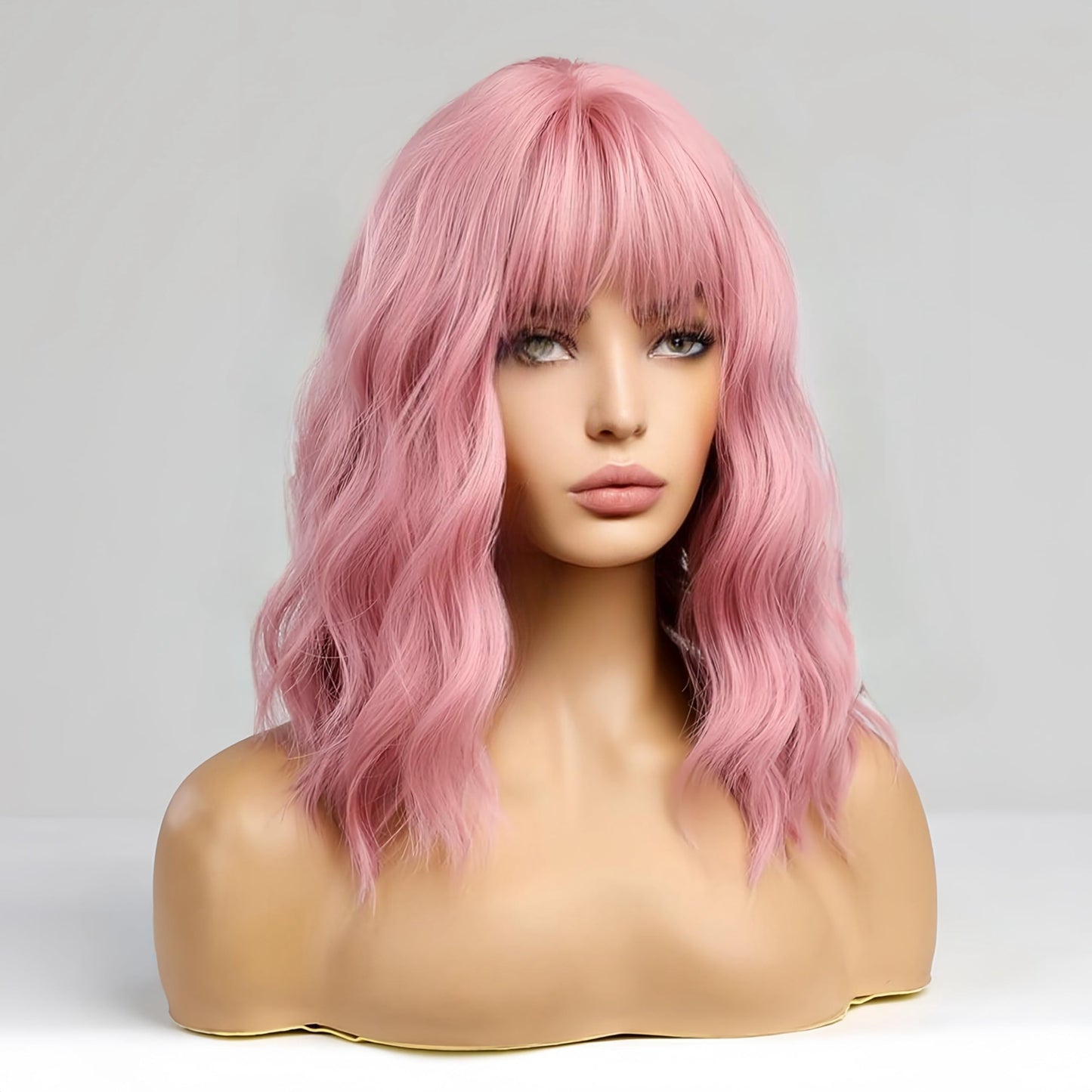 incohair Pink Wig with Bangs Short Curly Pink Bob Wig for Women Girls Synthetic Cosplay Party Wigs Wig Cap Included (Pink)