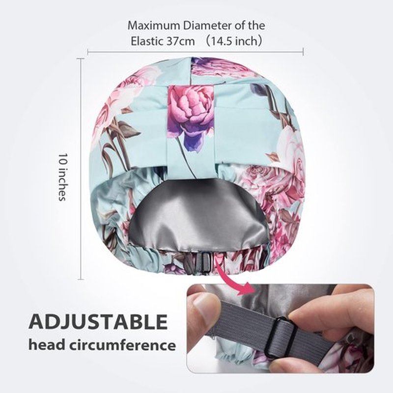 INNELO Luxury Shower Cap for Women Reusable Waterproof, Double Layered Shower Hair Cap with Adjustable Elastic Strap, Large Satin Lined Shower Bath Cap for Long Curly Straight Hair, Green-Flower