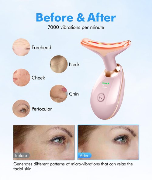 SDKWDH Red-Light-Therapy-for-Face-and-Neck, 7 Color Face Massager Tool for Wrinkles, Double Chin, Vibrating Facial Massager with Thermals for Skin Care, Glossy Pink