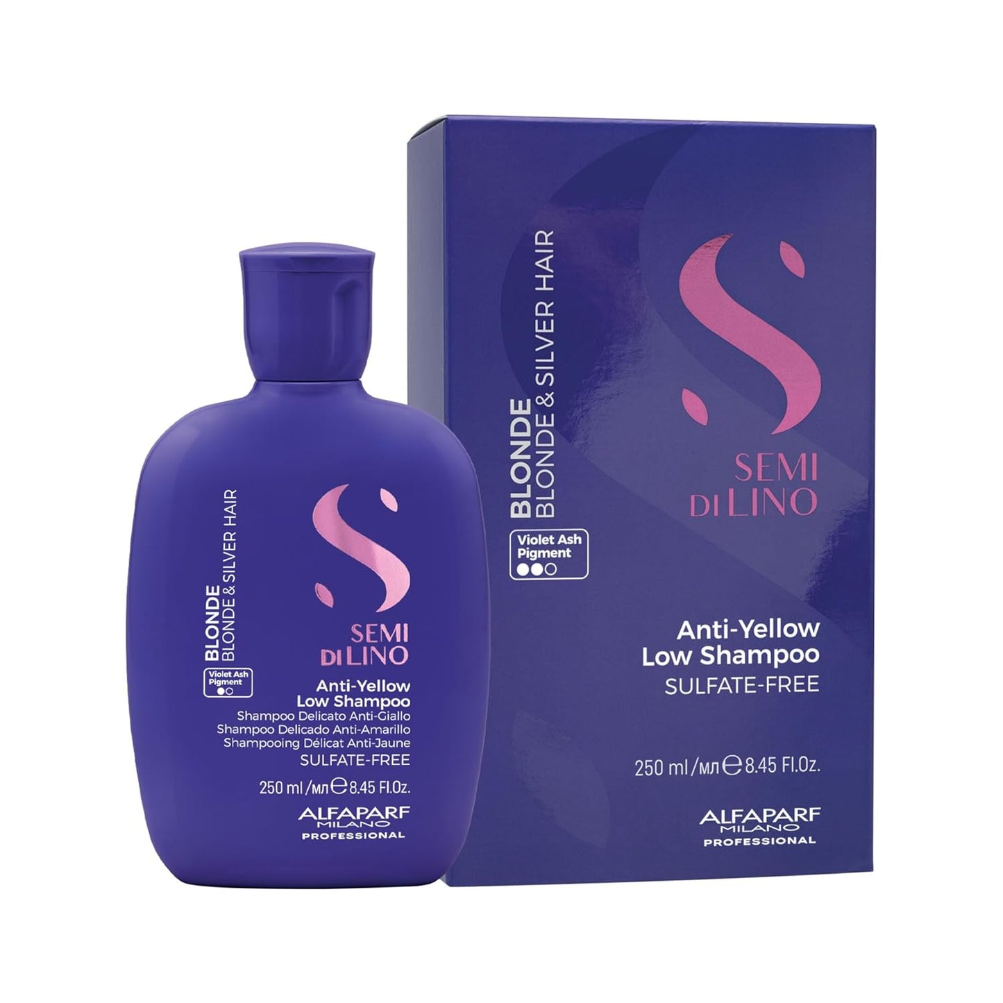 Alfaparf Milano Semi Di Lino Anti Yellow Purple Shampoo for Blonde Hair - Sulfate Free, Hydrating Shampoo for Blonde, Platinum, Silver & Gray Hair - Removes Yellow & Neutralizes Brass (8.45 oz/250 ml)