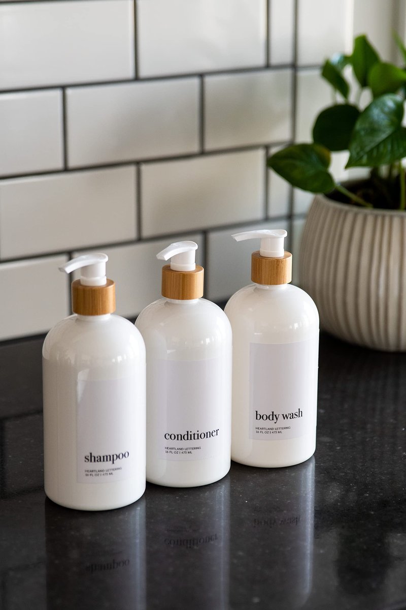 Heartland Lettering Shampoo and Conditioner Dispenser - Modern Refillable Shower Soap Container Set of 3, Plastic Bottles with Waterproof Labels, White Empty Bottle & Bamboo Pumps
