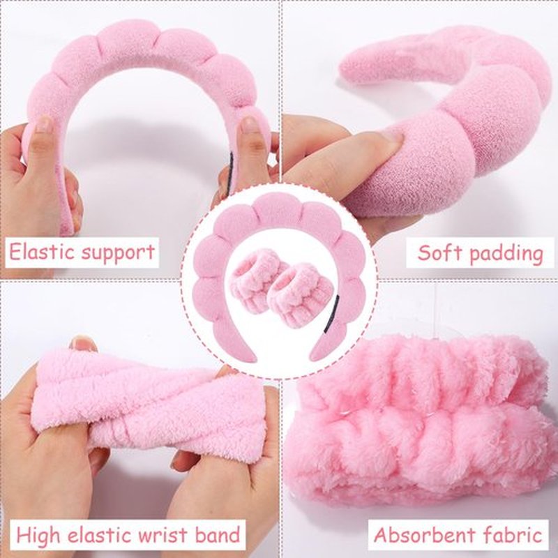 Zkptops Spa Headbands for Women Girls Sponge Cute Pink Makeup Skin Care Headband Wristbands Set for Washing Face Towels Bubble Soft Hairband Puffy Headwear Winter Non Slip Thick Thin Hair Accessory
