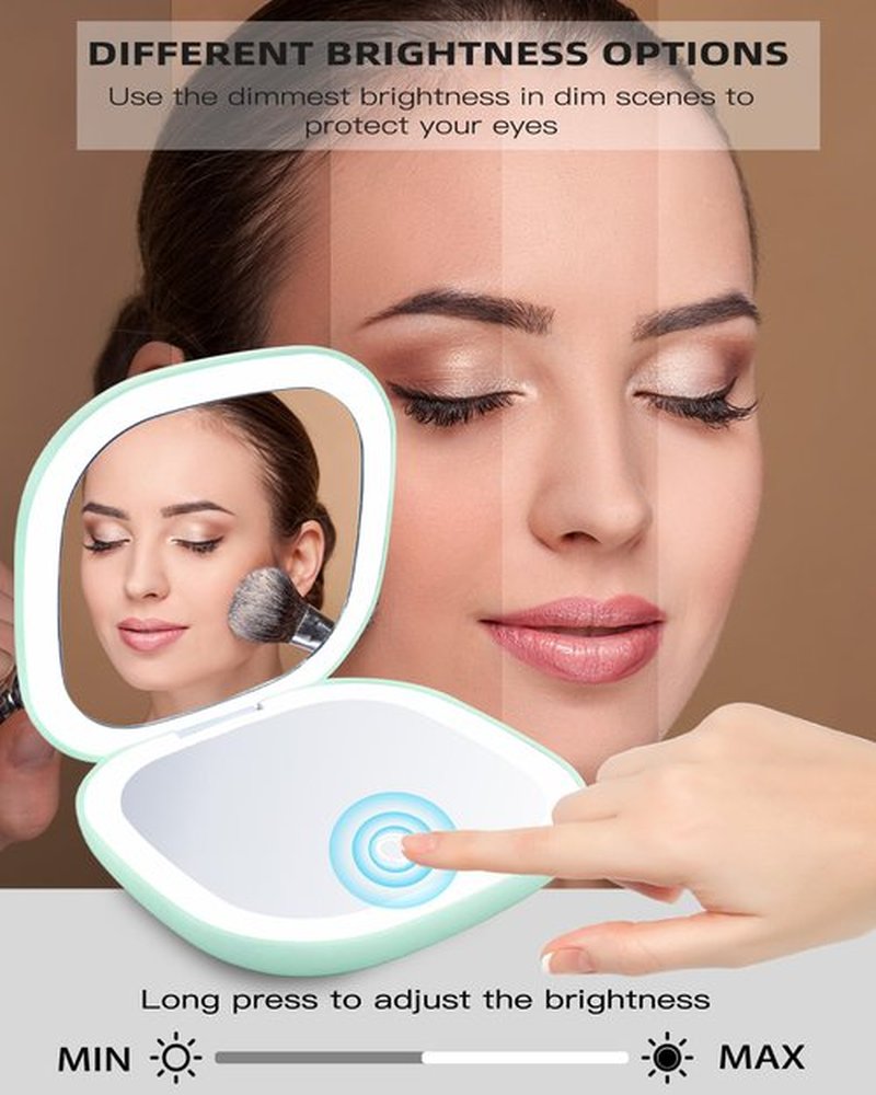 LHQOO LED Magnifying Travel Mirror 1/5x Portable Desktop Mirror - Magnifying Portable Double-Sided Dimmable USB Charging Touch Screen for Travel, Daily Commute and Dating (Green)