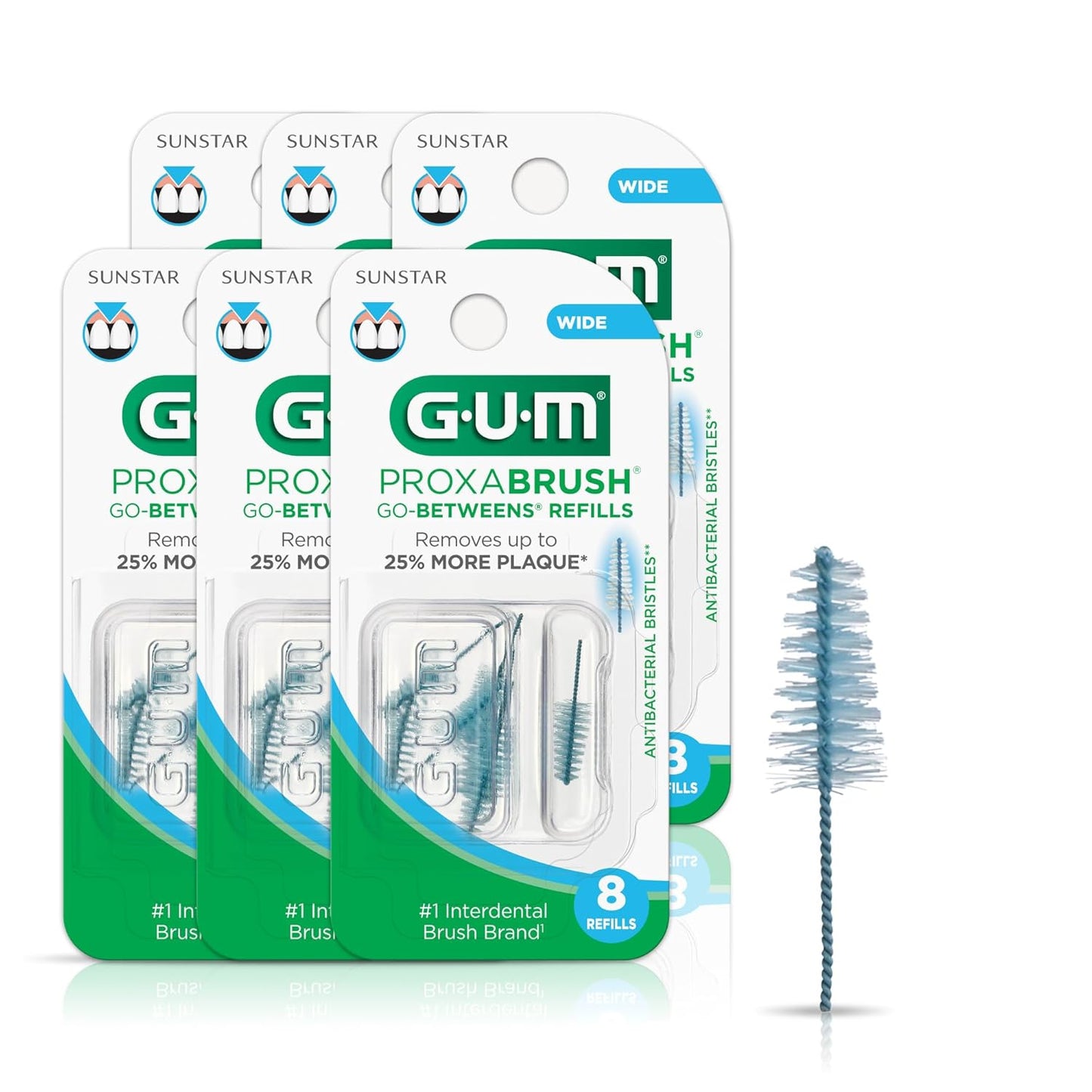 GUM Proxabrush Go-Betweens Refills - Wide - Compatible with GUM Permanent Handle - Reusable Interdental Brushes - Soft Bristled Dental Picks, 16ct (6pk)