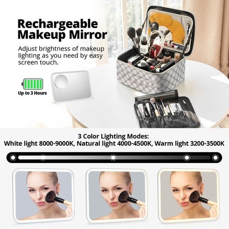 Omobolanle Makeup Bag with Mirror Led Light Detachable Portable Makeup Organizer Travel Train Case with Adjustable Dividers and 10x Magnifying Mirror Cosmetic Toiletry Bag White/Grey