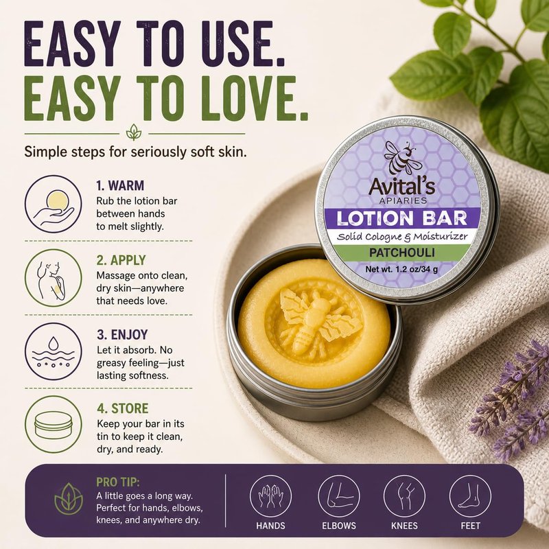 Avital's Apiaries Patchouli Lotion Bar – Solid Moisturizer with Shea Butter & Beeswax – Natural, Plastic-Free Body Lotion for Dry Skin – Travel-Friendly, Waterless Skincare